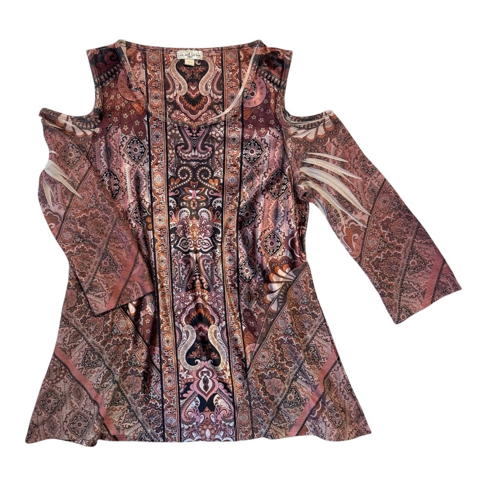 Live‎ and Let Live Boho Cold Shoulder Paisley Top Mauve Brown Size Large - Picture 2 of 6